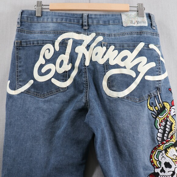Y2K Ed Hardy Spell Out Bootcut Jeans Womens 32 Skull Snake Embroidered Denim - Picture 6 of 16